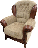 Queen Anne Beige Fabric and Brown Leather Mix Wooden Frame Armchair