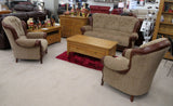 Queen Anne Brown Fabric and Leather 3 Seater 2 Seater Sofa Chair and Footstool