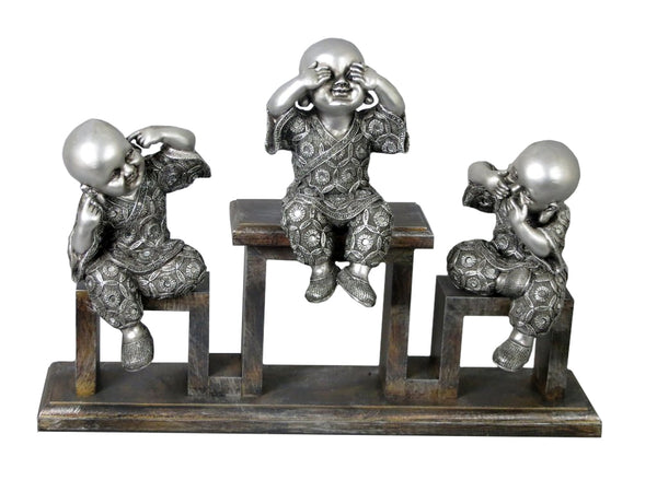 Silver 3 Monks on a Stand Ornament - See No Evil, Speak No Evil, Hear No Evil