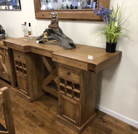 Small Reclaimed Oak Maxi Bar Table with Inbuilt Wine Rack & Storage